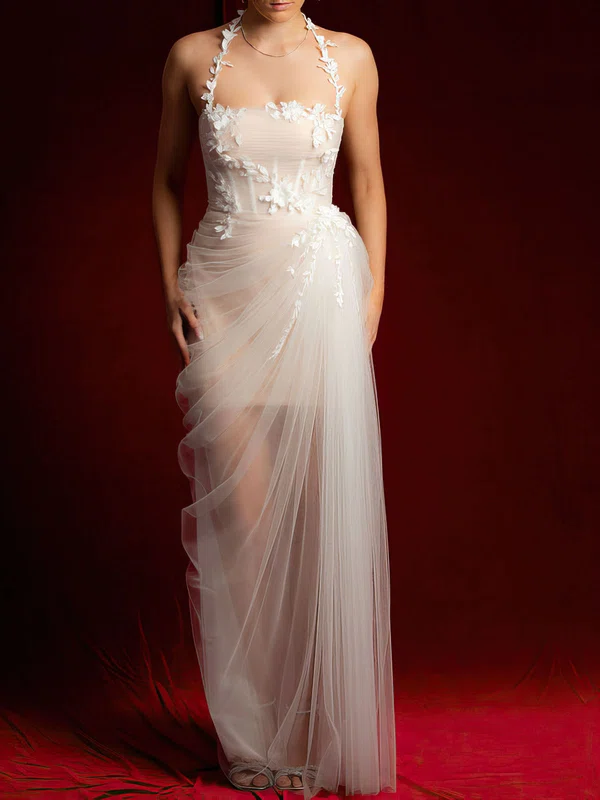 Sheath/Column Halter Tulle Floor-length Wedding Dress With Appliques Lace #UKM00028133