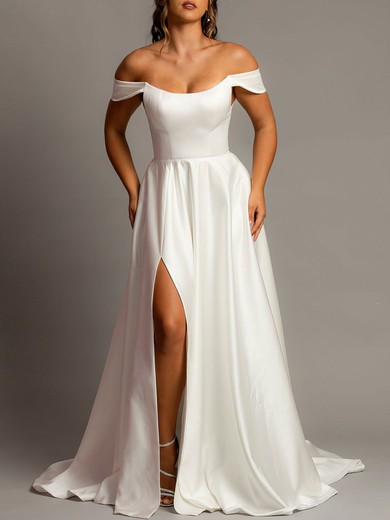 A-line Off-the-shoulder Satin Sweep Train Wedding Dress With Split Front #UKM00028134