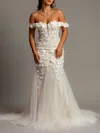 Trumpet/Mermaid Off-the-shoulder Tulle Sweep Train Wedding Dress With Appliques Lace #UKM00028135