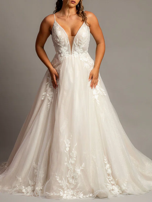 Ball Gown/Princess V-neck Glitter Court Train Wedding Dress With Appliques Lace #UKM00028137