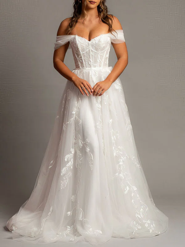 Ball Gown/Princess Off-the-shoulder Tulle Court Train Wedding Dress With Appliques Lace #UKM00028138