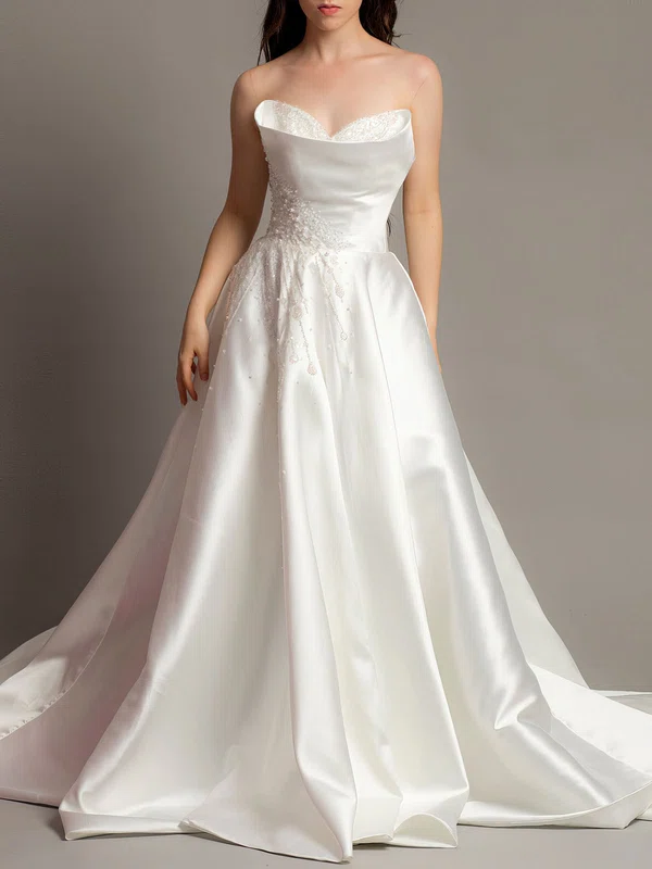 Ball Gown/Princess V-neck Satin Court Train Wedding Dress With Beading #UKM00028139