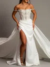 Trumpet/Mermaid Off-the-shoulder Satin Court Train Wedding Dress With Split Front #UKM00028140