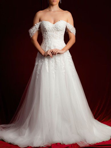 Ball Gown/Princess Off-the-shoulder Tulle Court Train Wedding Dress With Appliques Lace #UKM00028142