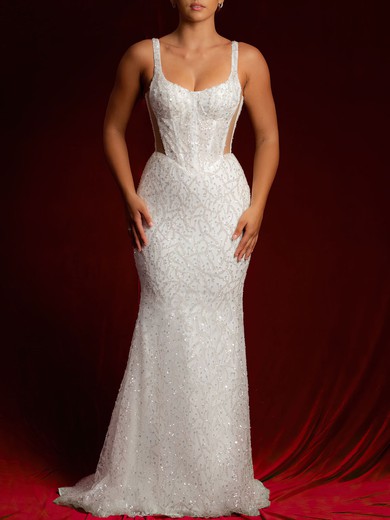 Trumpet/Mermaid V-neck Glitter Sweep Train Wedding Dress With Sequins #UKM00028144