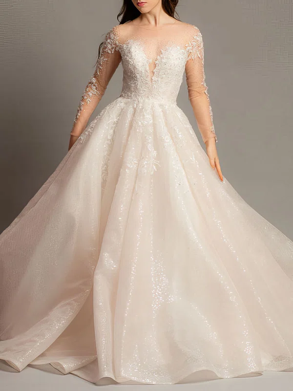 Ball Gown/Princess Illusion Glitter Court Train Wedding Dress With Beading #UKM00028145