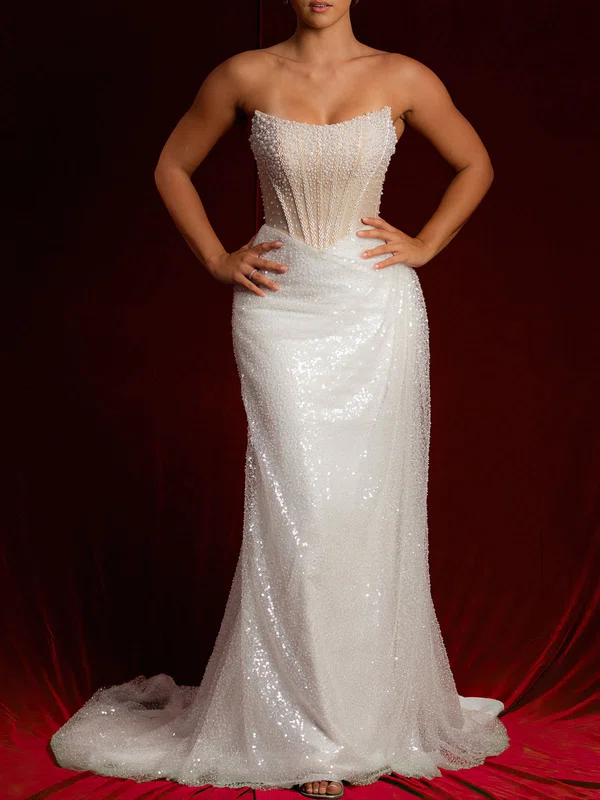 Trumpet/Mermaid V-neck Glitter Court Train Wedding Dress With Beading #UKM00028147