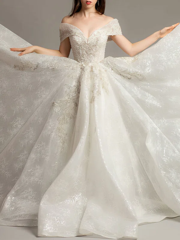 Ball Gown/Princess Off-the-shoulder Glitter Court Train Wedding Dress With Appliques Lace #UKM00028149