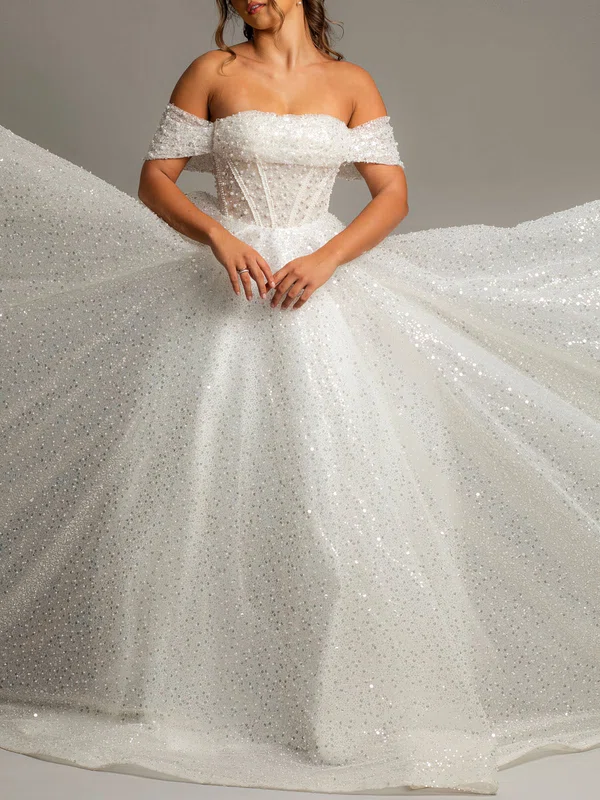 Ball Gown/Princess Off-the-shoulder Glitter Court Train Wedding Dress With Pearl Detailing #UKM00028150