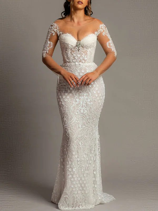 Sheath/Column Illusion Glitter Lace Sweep Train Wedding Dress With Beading #UKM00028152