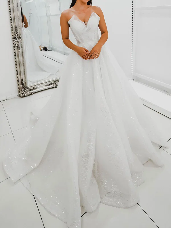 Ball Gown/Princess V-neck Glitter Chapel Train Wedding Dress With Beading #UKM00028157