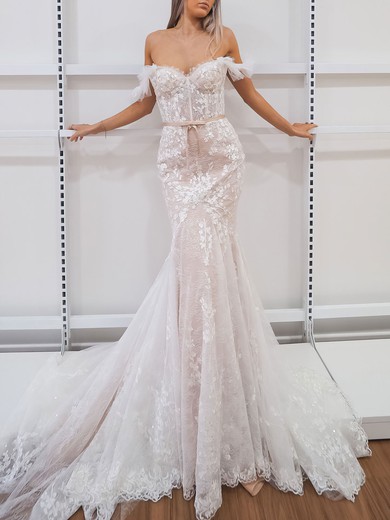 Trumpet/Mermaid Off-the-shoulder Lace Chapel Train Wedding Dress #UKM00028161