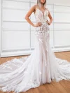 Trumpet/Mermaid V-neck Tulle Court Train Wedding Dress With Appliques Lace #UKM00028163