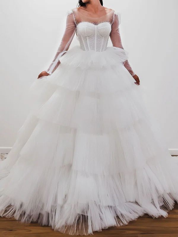 Ball Gown/Princess Illusion Tulle Court Train Wedding Dress With Tiered #UKM00028166