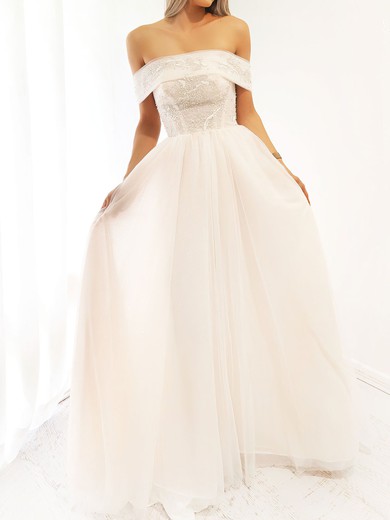 Ball Gown/Princess Off-the-shoulder Tulle Sweep Train Wedding Dress With Beading #UKM00028169