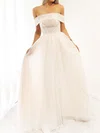 Ball Gown/Princess Off-the-shoulder Tulle Sweep Train Wedding Dress With Beading #UKM00028169