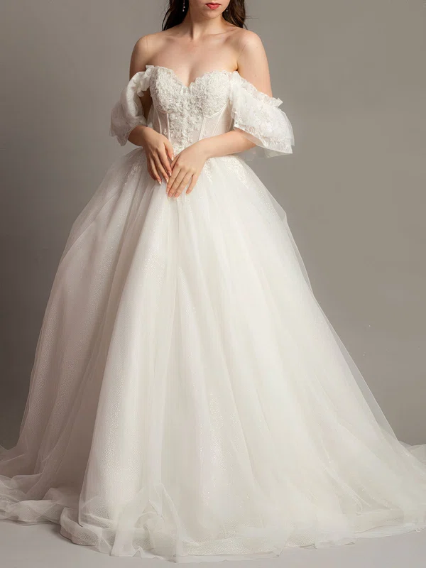 Ball Gown/Princess Off-the-shoulder Glitter Sweep Train Wedding Dress With Appliques Lace #UKM00028171