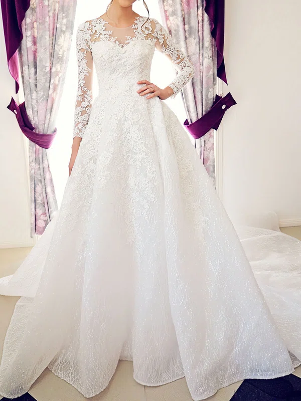 Ball Gown/Princess Illusion Glitter Lace Chapel Train Wedding Dress With Beading #UKM00028176