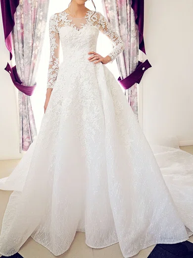 Ball Gown/Princess Illusion Glitter Lace Chapel Train Wedding Dress With Beading #UKM00028176