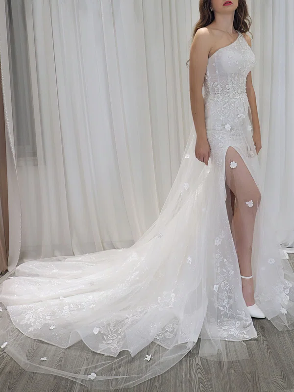 Trumpet/Mermaid One Shoulder Glitter Lace Court Train Wedding Dress With Beading #UKM00028177