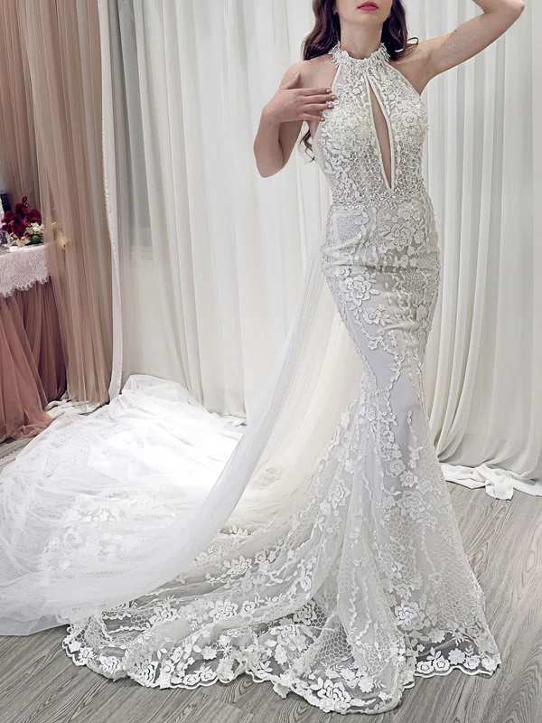 Trumpet/Mermaid Halter Lace Court Train Wedding Dress With Crystal Detailing #UKM00028178