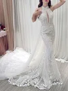 Trumpet/Mermaid Halter Lace Court Train Wedding Dress With Crystal Detailing #UKM00028178