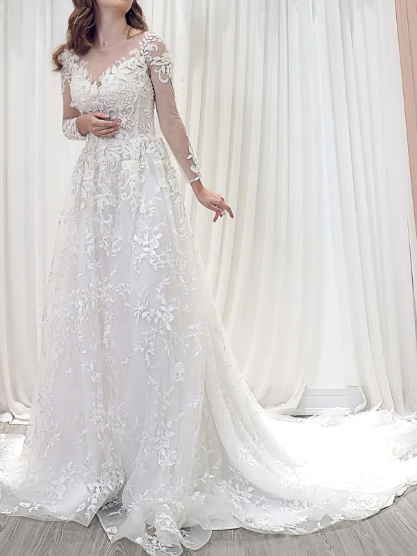 Ball Gown/Princess Illusion Lace Court Train Wedding Dress With Beading #UKM00028179