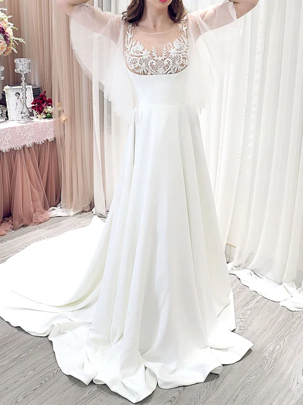A-line Illusion Stretch Crepe Court Train Wedding Dress With Lace #UKM00028180