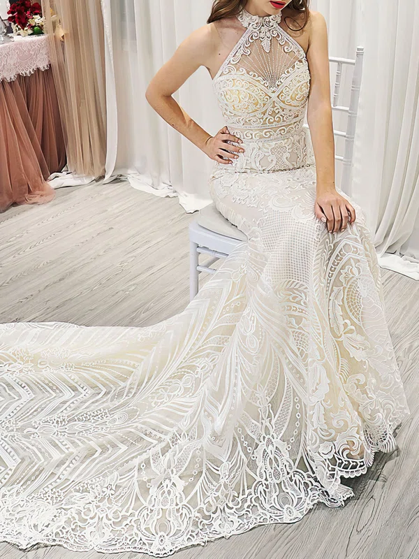 Trumpet/Mermaid Halter Lace Court Train Wedding Dress #UKM00028184