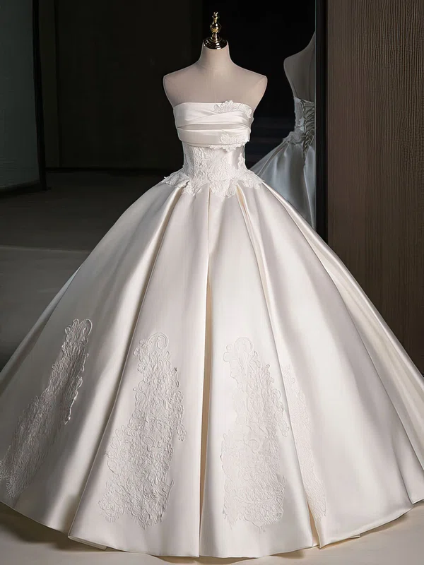 Ball Gown/Princess Straight Satin Floor-length Wedding Dress With Lace #UKM00028185