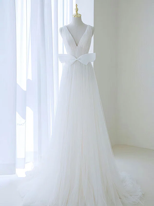 A-line V-neck Tulle Court Train Wedding Dress With Pleats #UKM00028186
