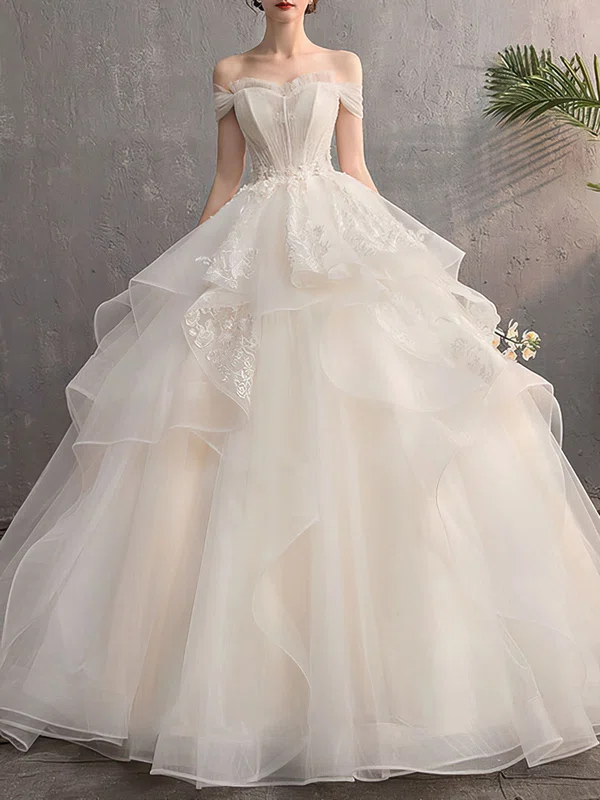Ball Gown/Princess Off-the-shoulder Tulle Floor-length Wedding Dress With Appliques Lace #UKM00028190
