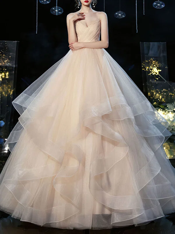 Ball Gown/Princess V-neck Tulle Floor-length Wedding Dress With Ruffles #UKM00028191