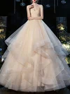 Ball Gown/Princess V-neck Tulle Floor-length Wedding Dress With Ruffles #UKM00028191