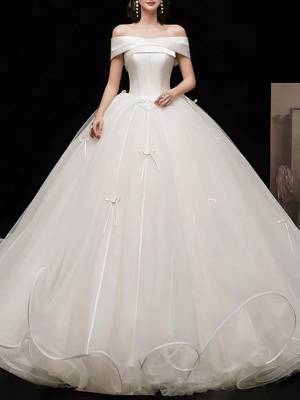 Ball Gown/Princess Off-the-shoulder Tulle Satin Floor-length Wedding Dress With Bow #UKM00028192