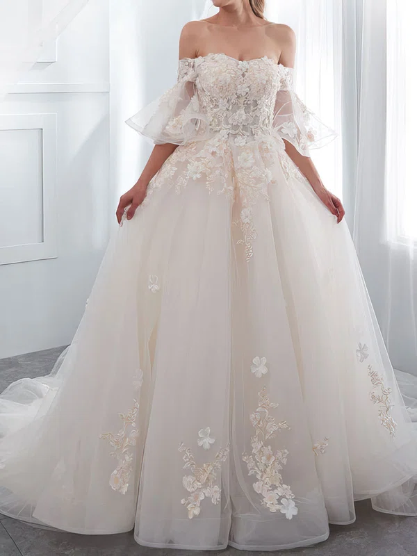 Ball Gown/Princess Off-the-shoulder Tulle Chapel Train Wedding Dress With Appliques Lace #UKM00028193