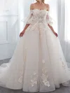 Ball Gown/Princess Off-the-shoulder Tulle Chapel Train Wedding Dress With Appliques Lace #UKM00028193