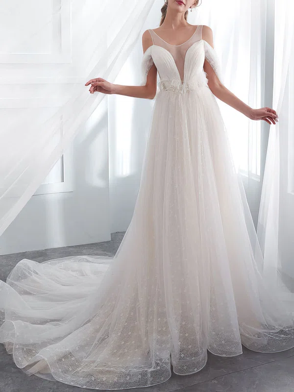 Ball Gown/Princess Illusion Tulle Court Train Wedding Dress With Feathers #UKM00028194