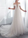 Ball Gown/Princess Illusion Tulle Court Train Wedding Dress With Feathers #UKM00028194