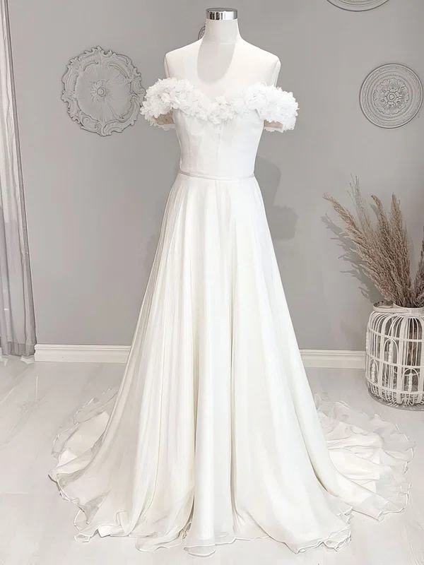 A-line Off-the-shoulder Chiffon Sweep Train Wedding Dress #UKM00028195