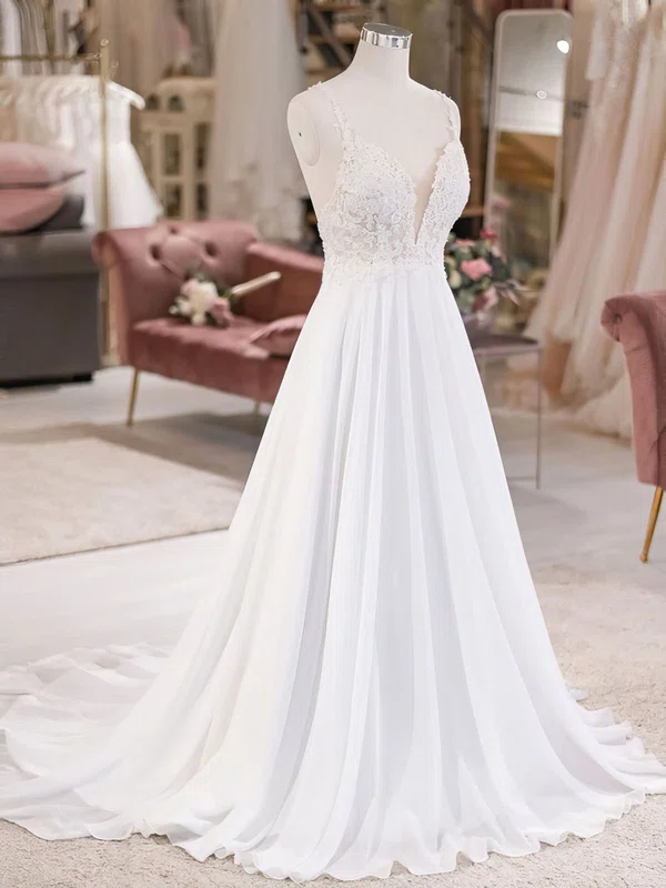 A-line V-neck Chiffon Sweep Train Wedding Dress With Appliques Lace #UKM00028196