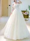 Ball Gown/Princess Straight Tulle Sweep Train Wedding Dress With Ruched #UKM00028197