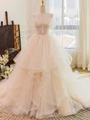 Ball Gown/Princess Off-the-shoulder Tulle Chapel Train Wedding Dress With Appliques Lace #UKM00028198