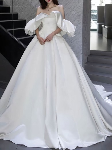 Ball Gown/Princess Off-the-shoulder Satin Chapel Train Wedding Dress #UKM00028204