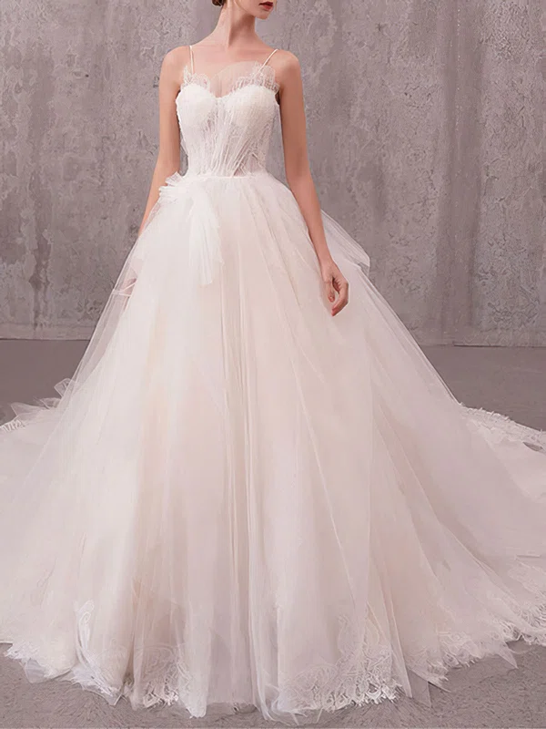 Ball Gown/Princess Sweetheart Tulle Lace Chapel Train Wedding Dress With Lace #UKM00028205