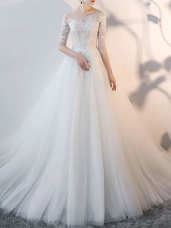 Ball Gown/Princess Illusion Tulle Chapel Train Wedding Dress With Appliques Lace #UKM00028206