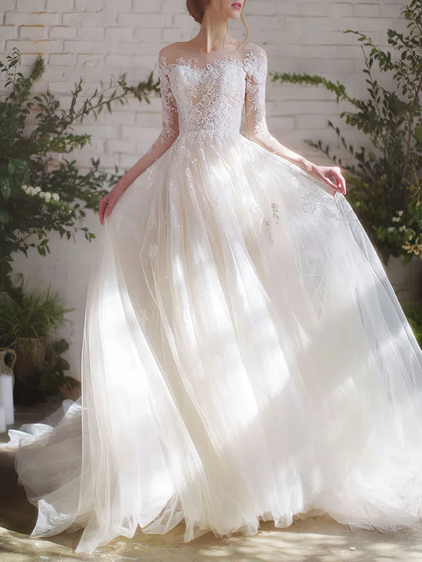 Ball Gown/Princess Illusion Tulle Lace Court Train Wedding Dress #UKM00028210