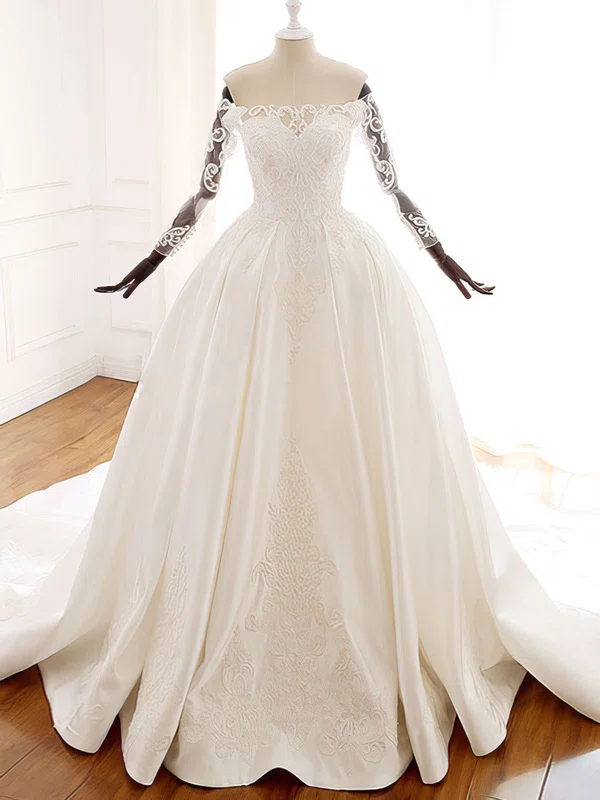 Ball Gown/Princess Off-the-shoulder Satin Chapel Train Wedding Dress With Lace #UKM00028212