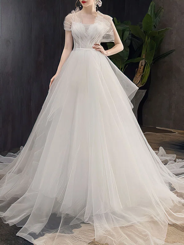 Ball Gown/Princess V-neck Tulle Chapel Train Wedding Dress With Ruched #UKM00028213