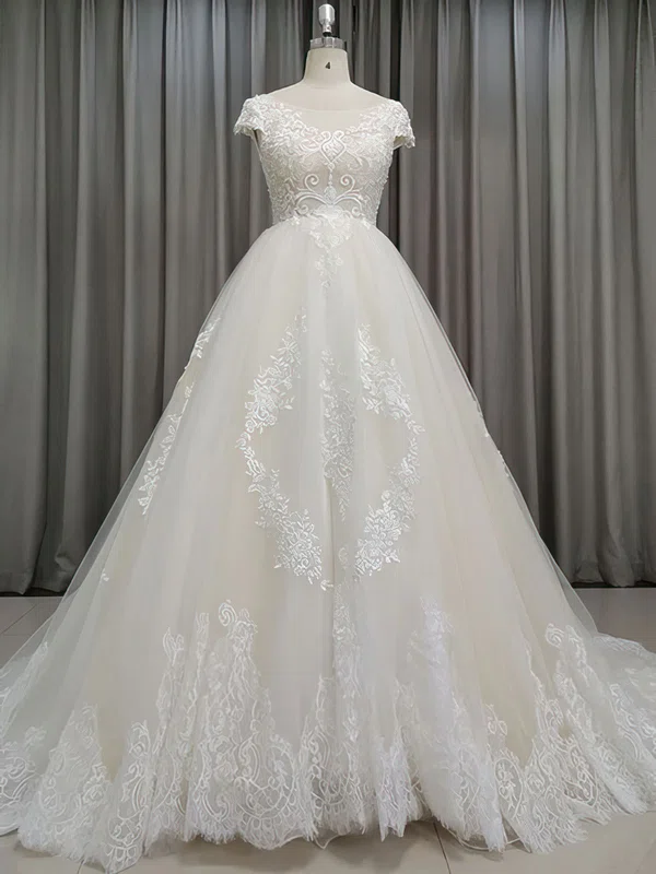 Ball Gown/Princess Illusion Tulle Court Train Wedding Dress With Appliques Lace #UKM00028214